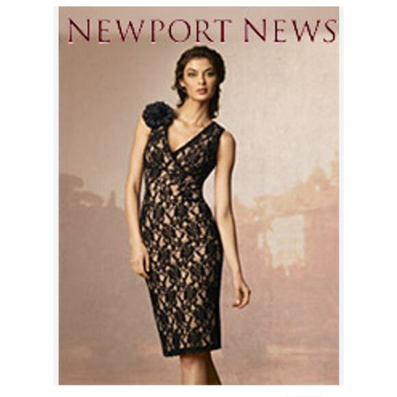 Newport News Dress Floral Lace Mesh Midi Cocktail Formal Romantic Black Cream - Picture 1 of 13